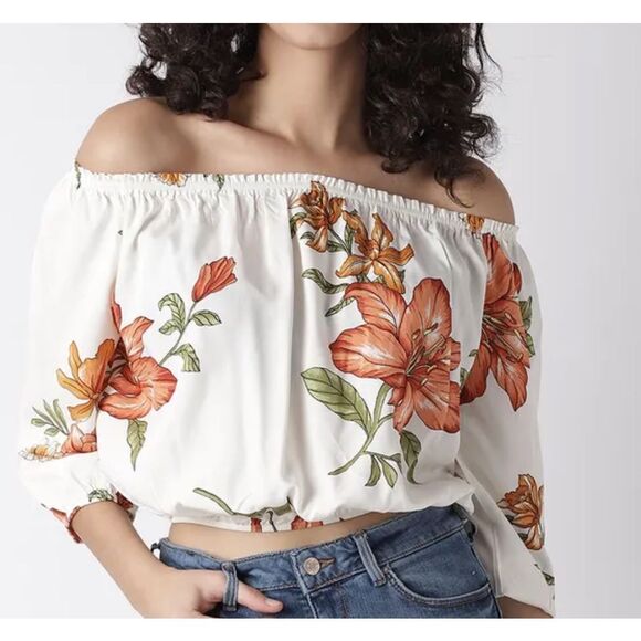 Forever 21 Tops - Forever 21 white and orange stargazer lily flower Bardot top - y2k